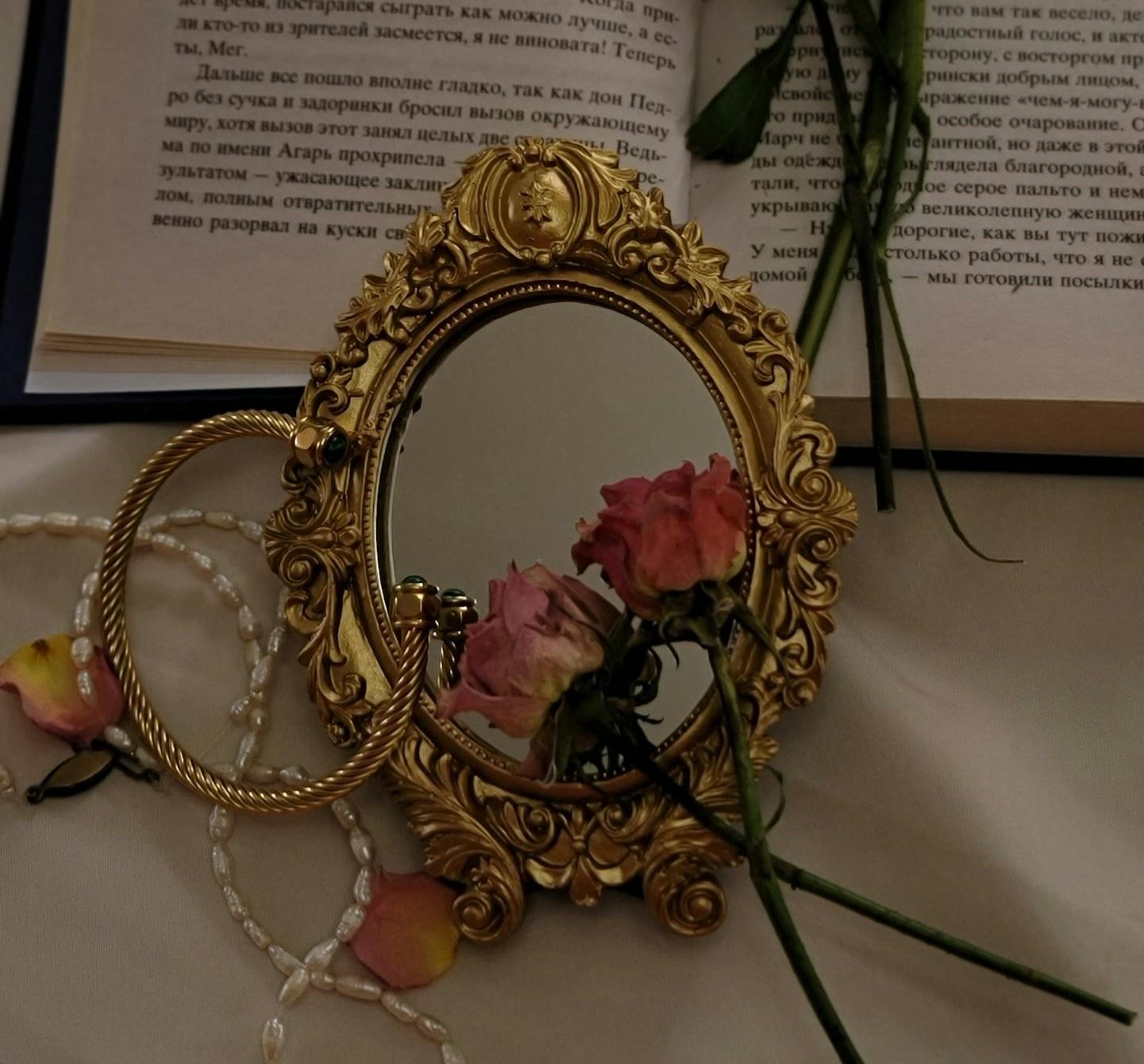 Elegant vintage composition with roses, antique mirror, and open book.